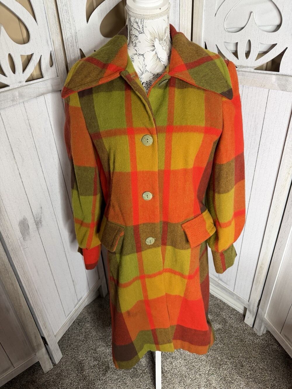 Vintage 60s 70s Rainbow Plaid Wool Coat Long Mod GoGO Satin Interior Size Large